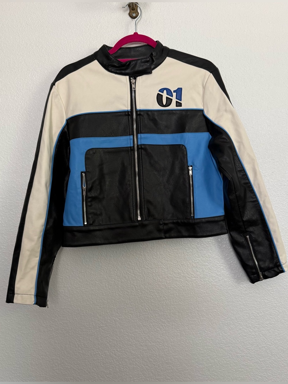 Princess Polly Aero Speed Racing Faux Leather Jacket in Blue White Black 6
